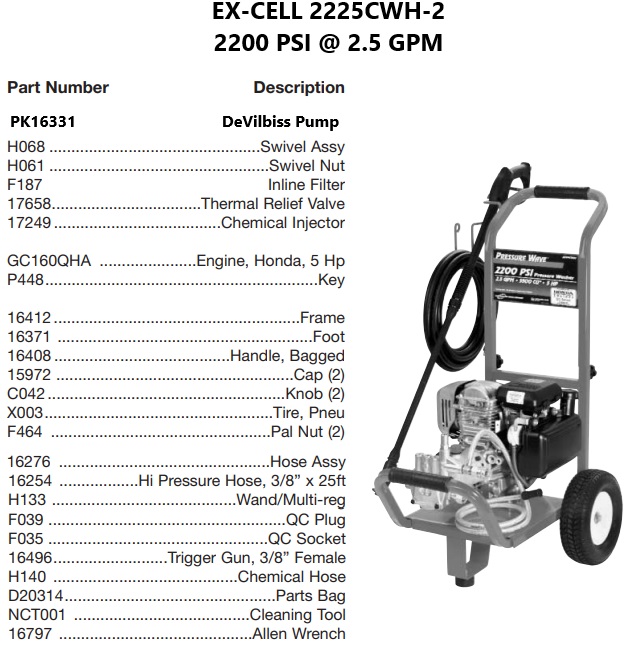 DEVILBISS model 2227CWB-2 power washer parts